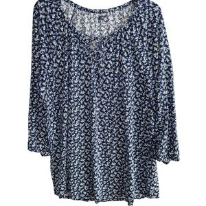 Lands’ End Peasant Tunic Floral Blue Women's Top Size 1X 16W-18W